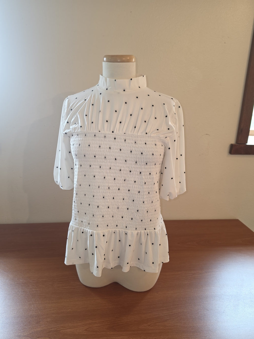 Lands' End White Polka Dot Smocked Peplum Blouse